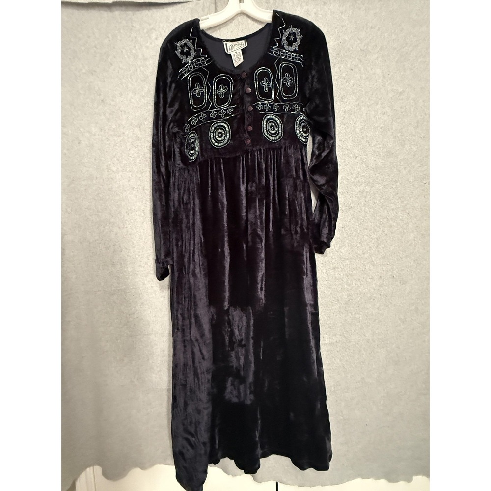 Vintage Jasmine By KVM Dress Womens M Purple Velvet Beaded‎ Empire Maxi Boho